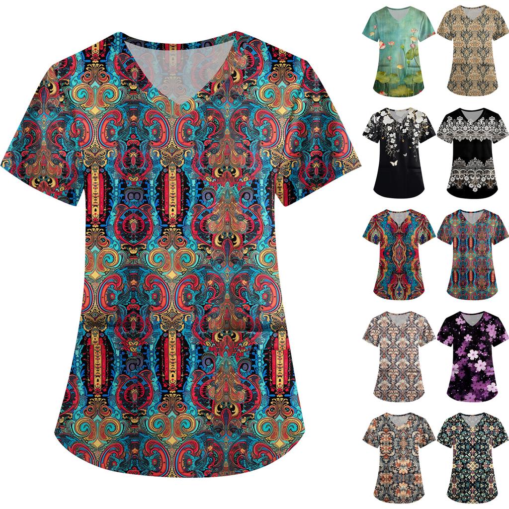 Women's Cute Printed Work Clothes V-neck Double Layer Pockets Basic Short Sleeve Top Pullover Valentines