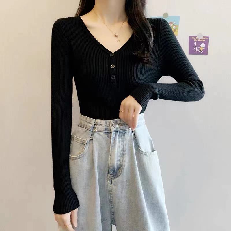 Kuz Qish V-boʻyinli Top Slim Fit Qisqa Bir xil rang Ichki Uzun qisma Asos Trikotaj Sviter Ayollar uchun