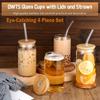 4 Pieces Drinking Glasses with Bamboo Lid and Glass Straw,500ml Canister Glasses for Beer,Iced Coffee,Soda Boba Tea Cocktails Cute Non-Tipping Glasses