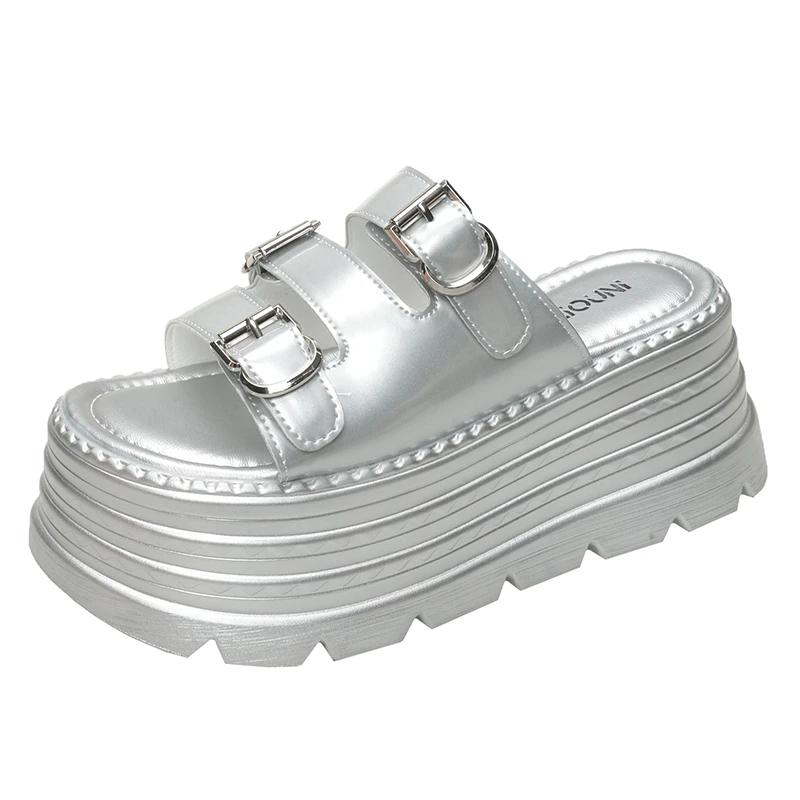 8 см Микрофибра Синтетическая Кожа Балетки Летние Открытый Носок Женские Сандалии Тапочки Женские Туфли Высокая Платформа Клиновидная Обувь