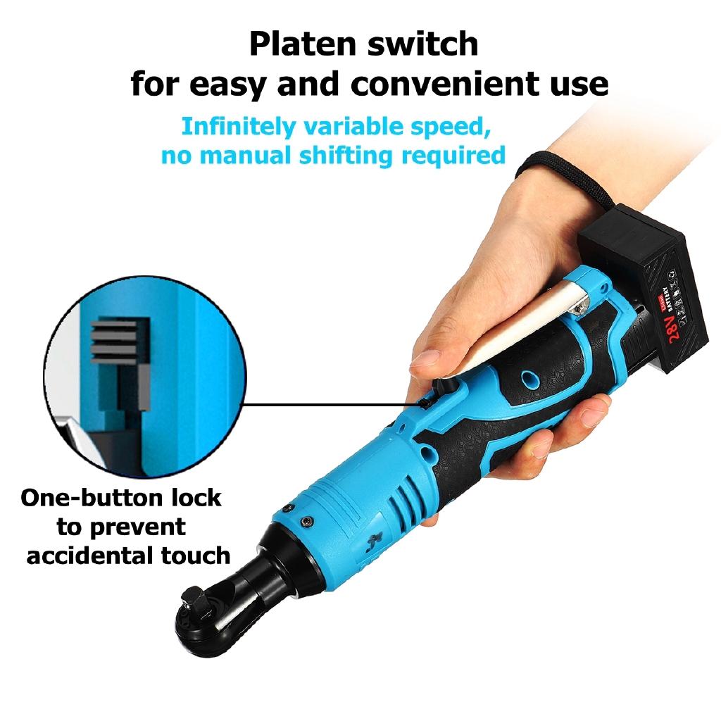 60N.m Portable Cordless Rechargeable Ratchet Wrench 28V 3/8" Inch Electric Right Angle Wrench 60N.m With 1/2 Batteries