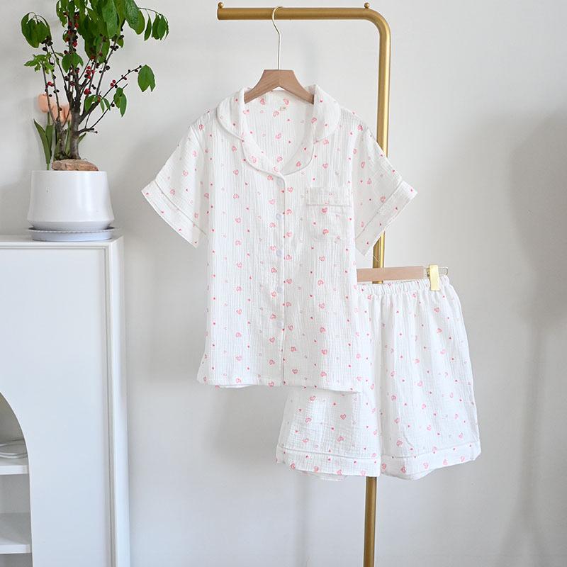 Женский летний пижамный комплект из чистого хлопка - Милый, Дышащий, с коротким рукавом и шортами