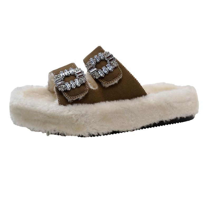 Интернет-знаменитости популярная квадратная пряжка со стразами мех ягненка мех интегрированный плоская подошва хлопковые шлепанцы с открытым носком повседневные теплые пушистые тапочки женские