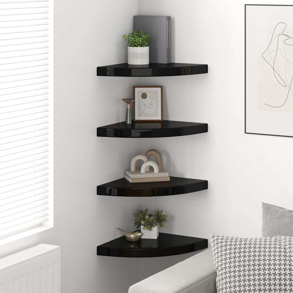 Corner Floating Shelves Set of 4 High Gloss Black 35 x 35 x 3.8 cm MDF