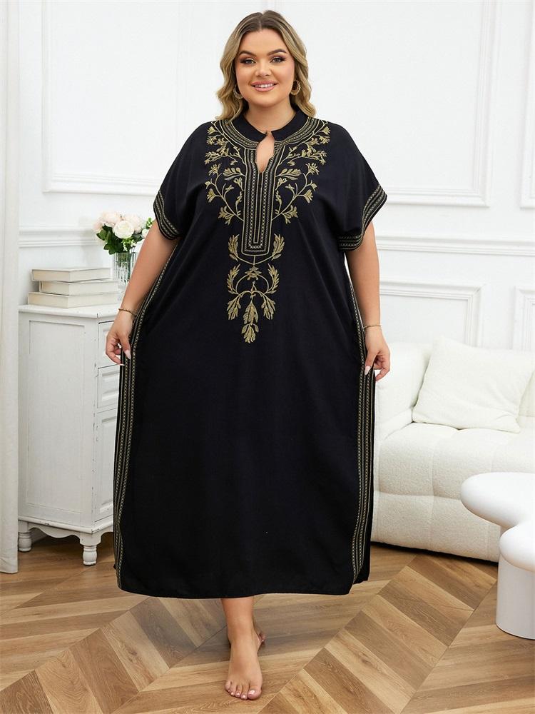 EDOLYNSA Embroidered Red Kaftan Women's Fashionable Robe Boho V-neck Batwing Sleeve Beach Maxi Dress Holiday Cozy House Robe