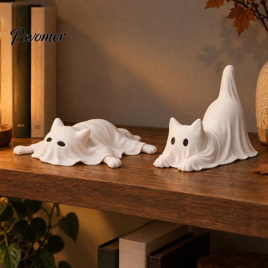 Halloween Yard Ornaments 3D Printed Ghost Cat Figurine, Cute Animal Statue, Statue Pleated Ornament for Home Desktop and Bookshelf Decoration