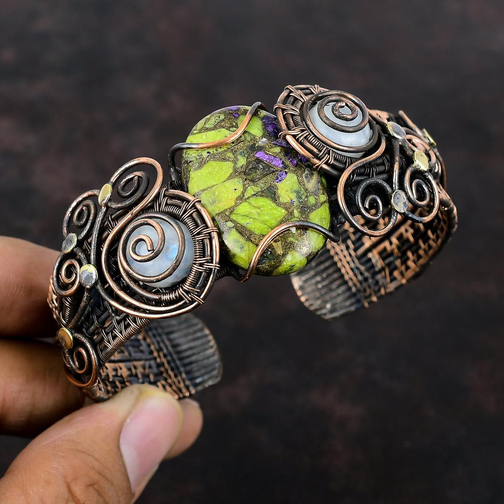 Медный браслет-манжета из стихтита, браслет-манжета с радужным лунным камнем, медная проволока, браслет-манжета с драгоценным камнем, регулируемый браслет, медные украшения ручной работы
