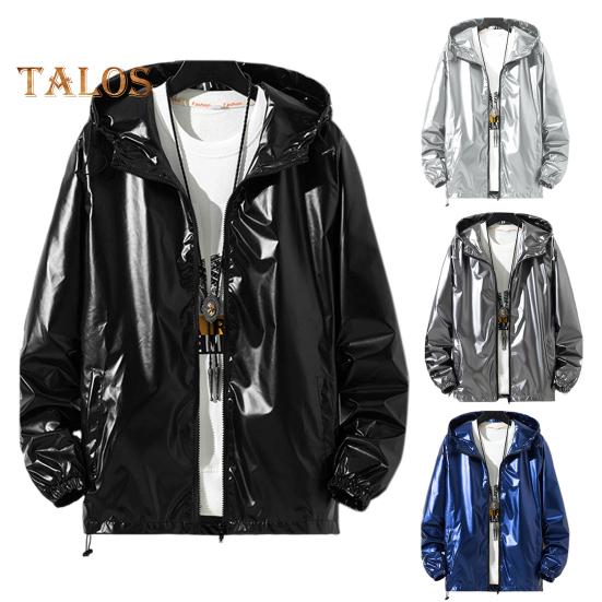 Men Shiny Glossy Coat Hooded Long Sleeve Teenager Coat with Adjustable Drawstrings Cuffed Sleeves Bright Surface Jacket