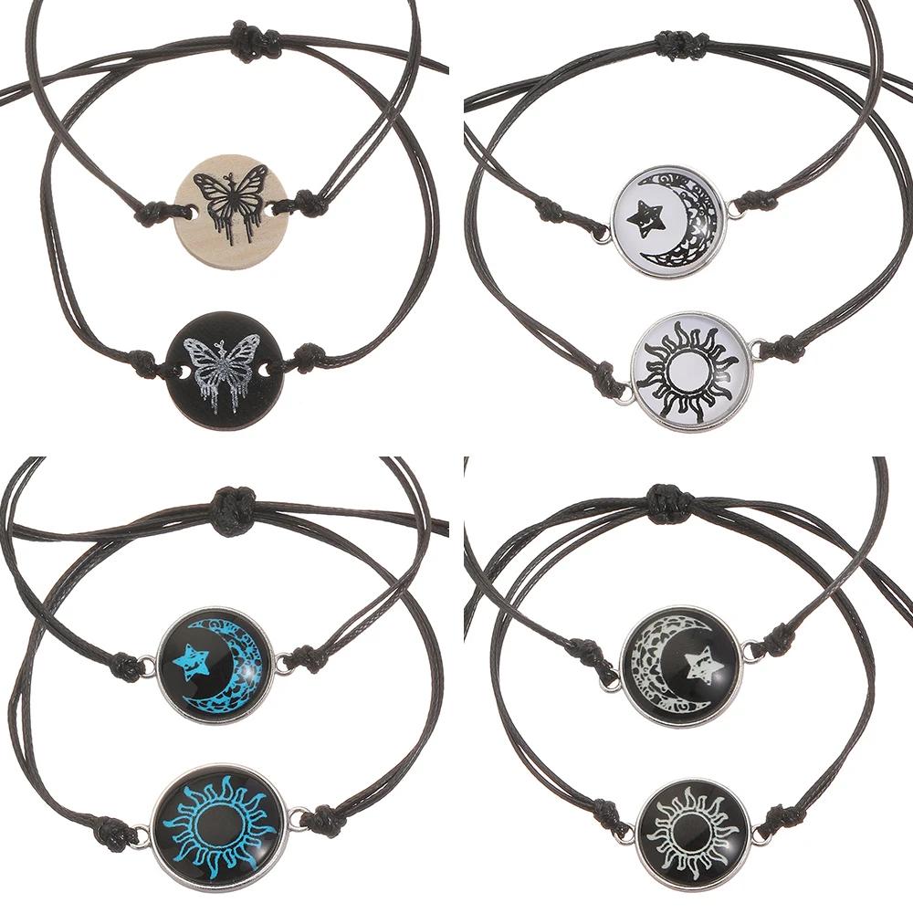 2 шт. Светящиеся браслеты для пар с бабочкой, солнцем, луной и звездой для женщин и мужчин, ручная работа, плетеный шнурок, браслеты для влюбленных, парные украшения, подарок