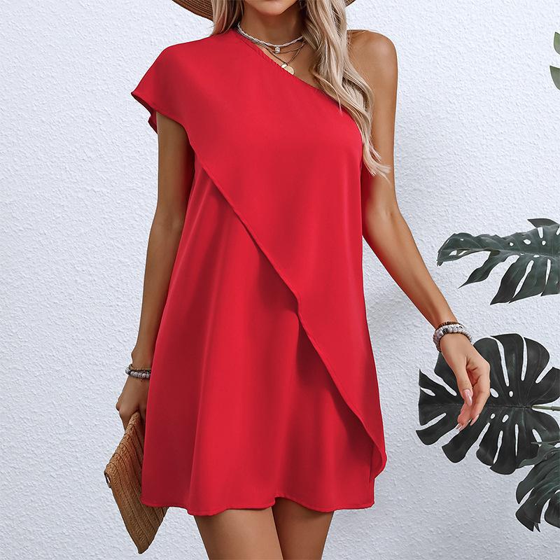 Ladies Temperament Sexy Fake Two Piece Diagonal Shoulder Dress Summer Holiday Style Sleeveless A-Line Midi Dresses