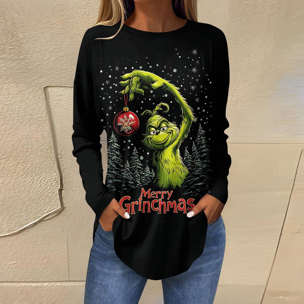 Women's Loose Round Neck Print Long Sleeve T-Shirt Top Pullover