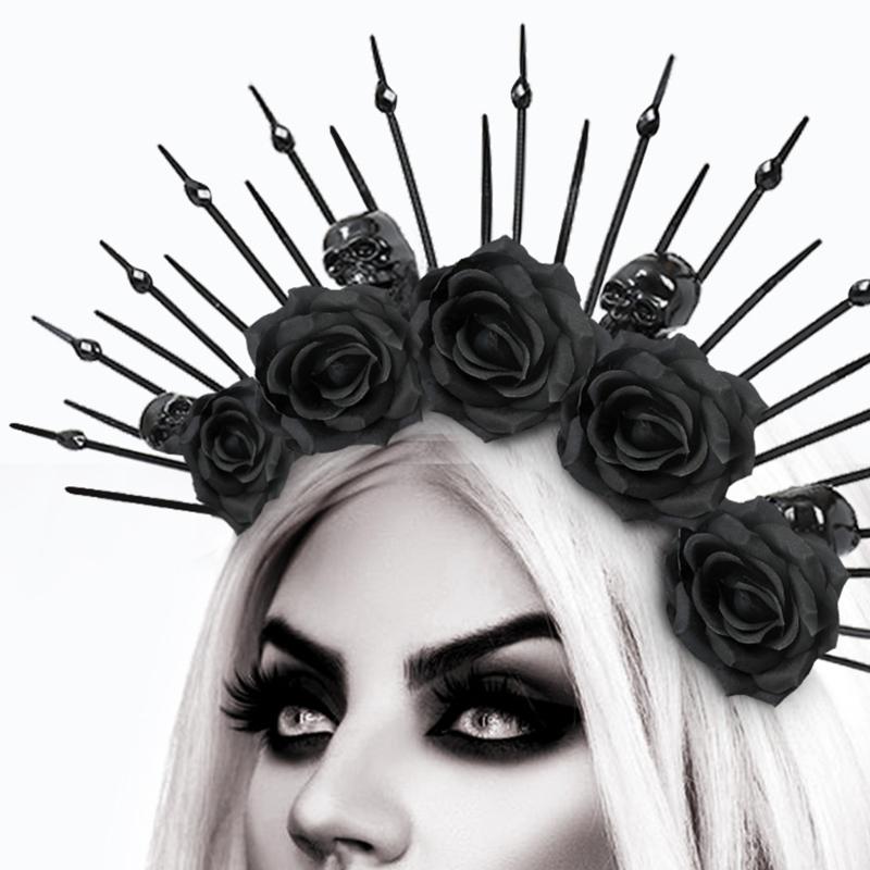 Rose Floral Crown Hair Skull Spiked Headbands Bride Flower Crown Halloween