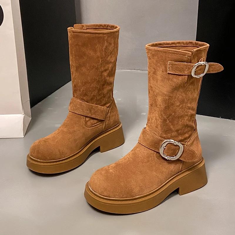 Женские ковбойские сапоги в западном стиле, модные туфли с пряжкой на ремне, осенне-зимние ботильоны до середины икры на толстом каблуке, женская обувь