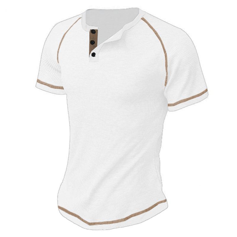 Мужская повседневная свободная летняя рубашка-henley с коротким рукавом и контрастной отстрочкой