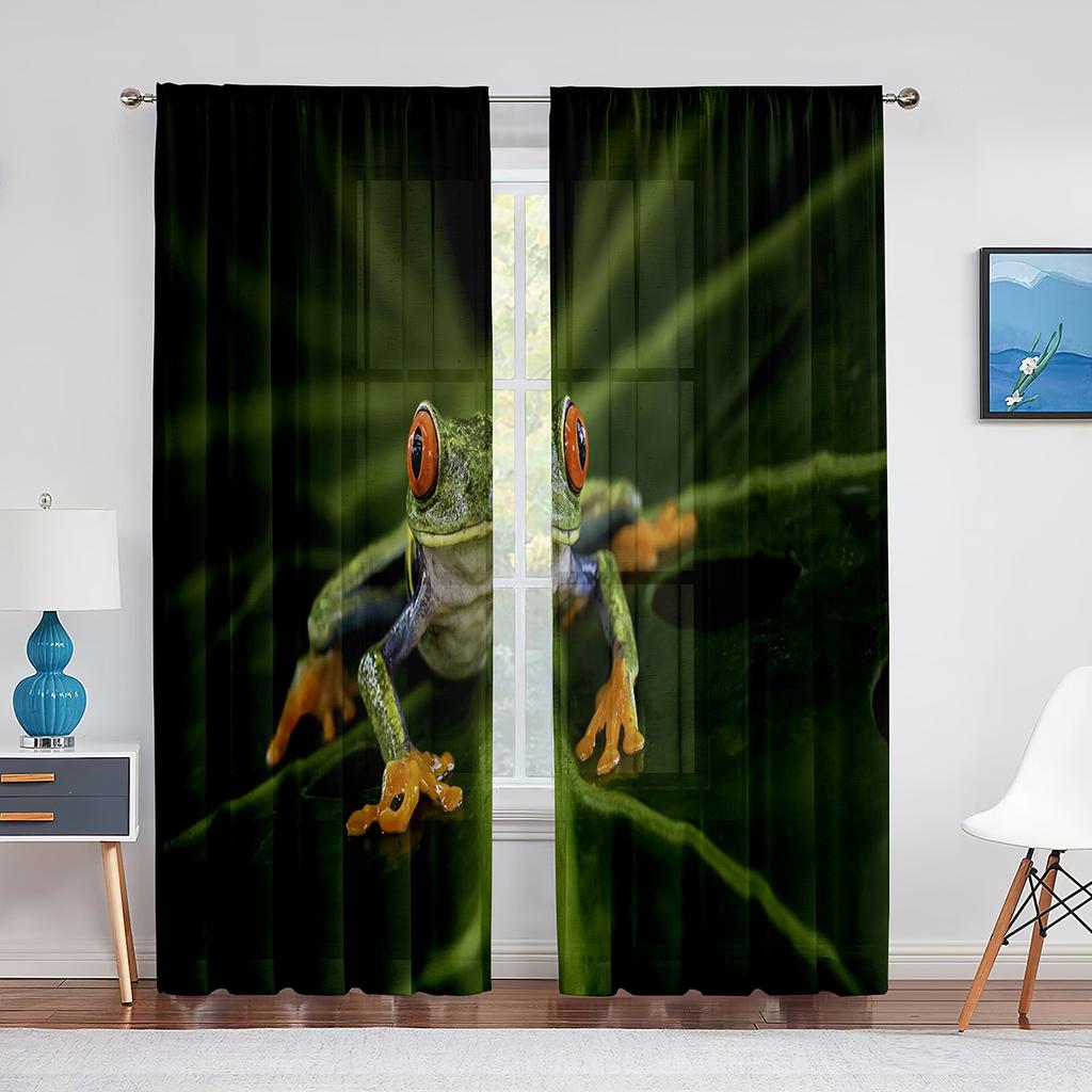Тюлевая занавеска с зеленым животным, красными глазами, древесной лягушкой на листе, для гостиной, спальни, кухни, декор, вуаль, прозрачная занавеска, оконные шторы
