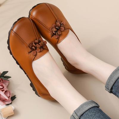 Модные туфли на плоской подошве с цветочным узором и круглым носком, однотонные, винтажные, из натуральной кожи, женские балетки ручной работы