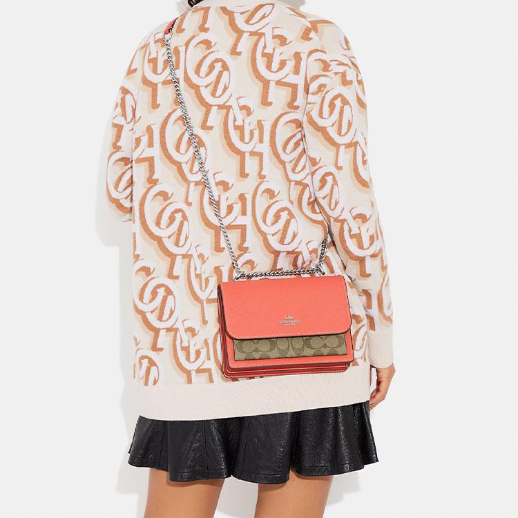 New COACH Klare Cross Stitch Leather With Canvas Trunk Bag Shoulder Bag Crossbody Bag Small Size Women's Orange And Brown 91019-SVB10