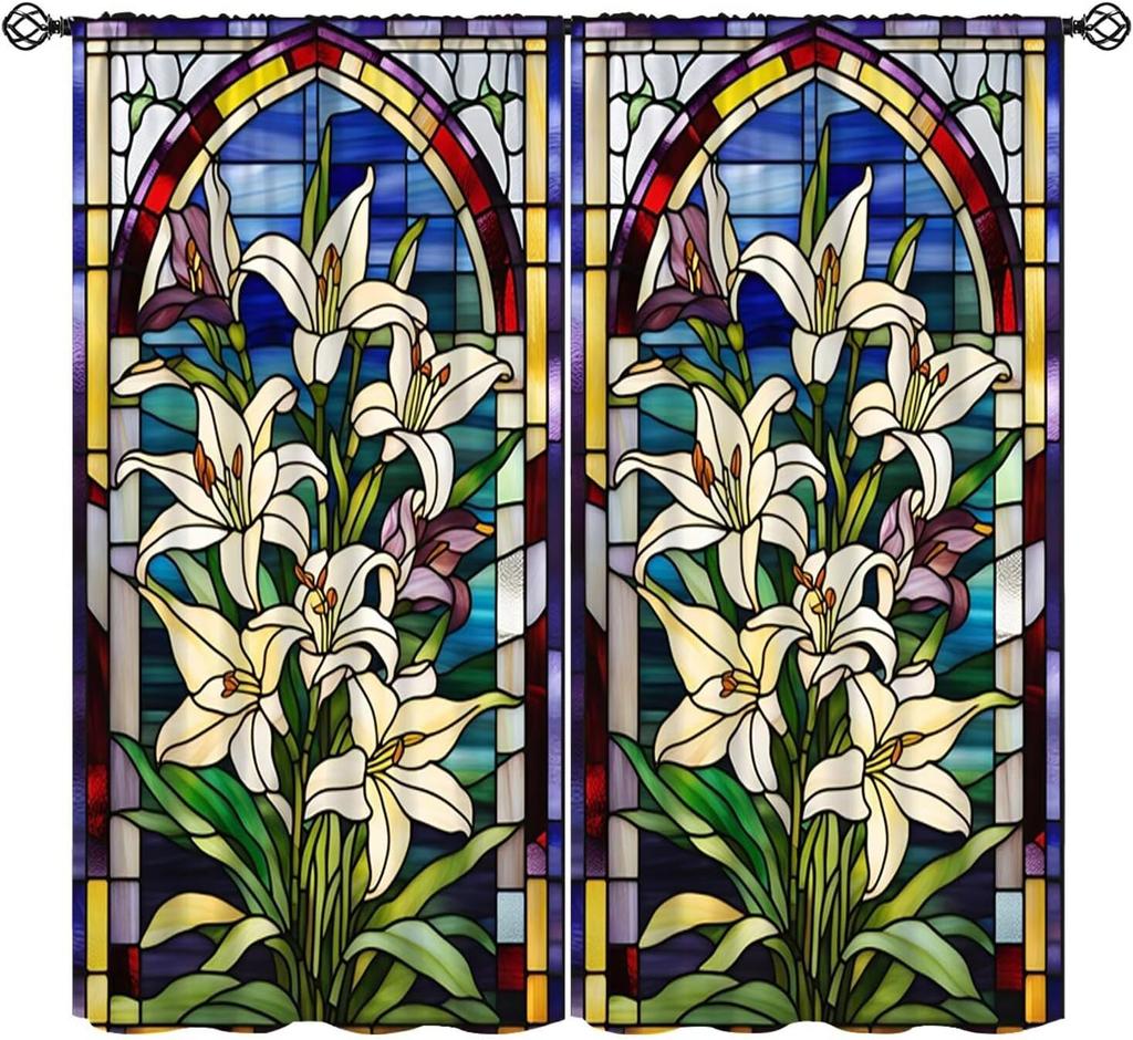 Flower Stained Glass Curtains,Beautiful Nature Scenery Roses Petals Art Symmetry Vintage Decor Rod Pocket Window Treatments for