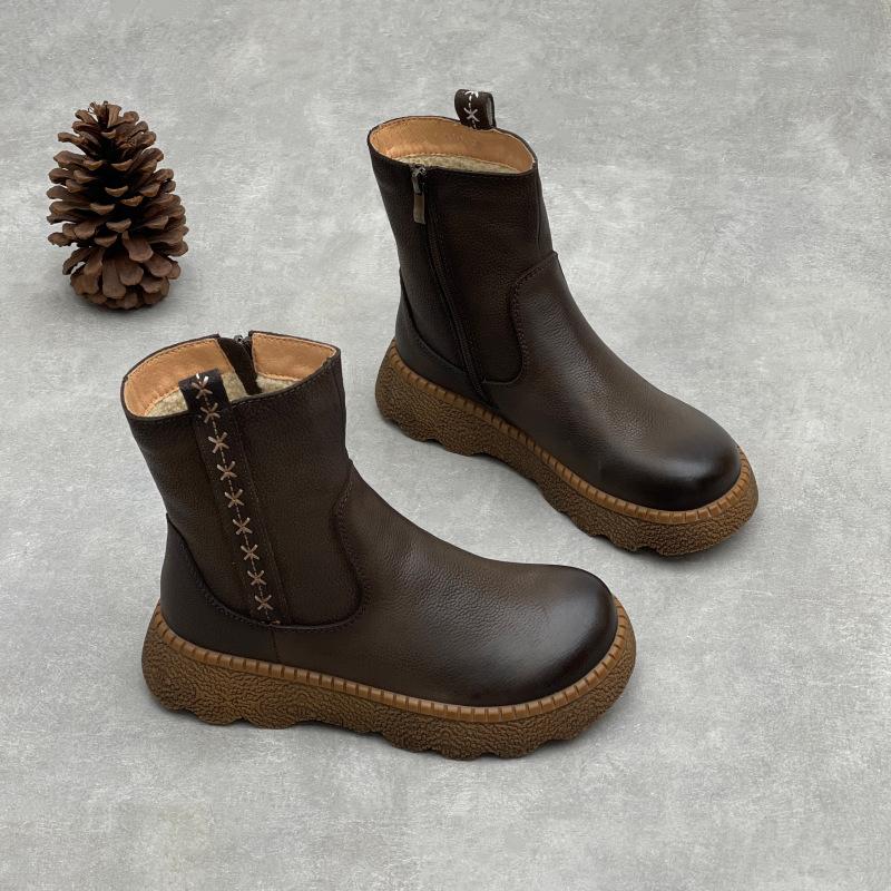 Johnature Винтажные женские сапоги из коровьей кожи с круглым носком, утепленные и на толстой подошве, из натуральной кожи, сапоги до середины икры