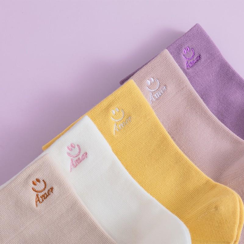 LangSha Embroidered High-Quality Pure Cotton Women's Socks, All-Cotton Mid-Calf Forest-Style Ins Solid Color Trendy Socks, 5 Colors 5 Pairs Set