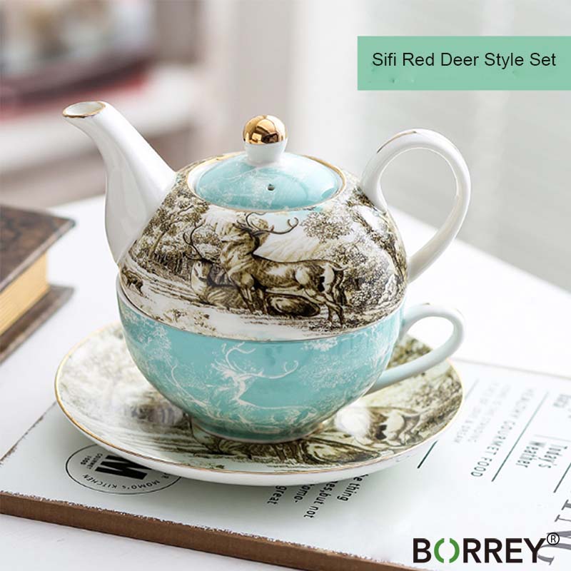 BORREY Bone China Чайный горшок Набор Цветочный чайник Керамическая чашка Офисная кофейная чашка Кружка Послеобеденный чайный сервиз в британском стиле Набор из 4 предметов