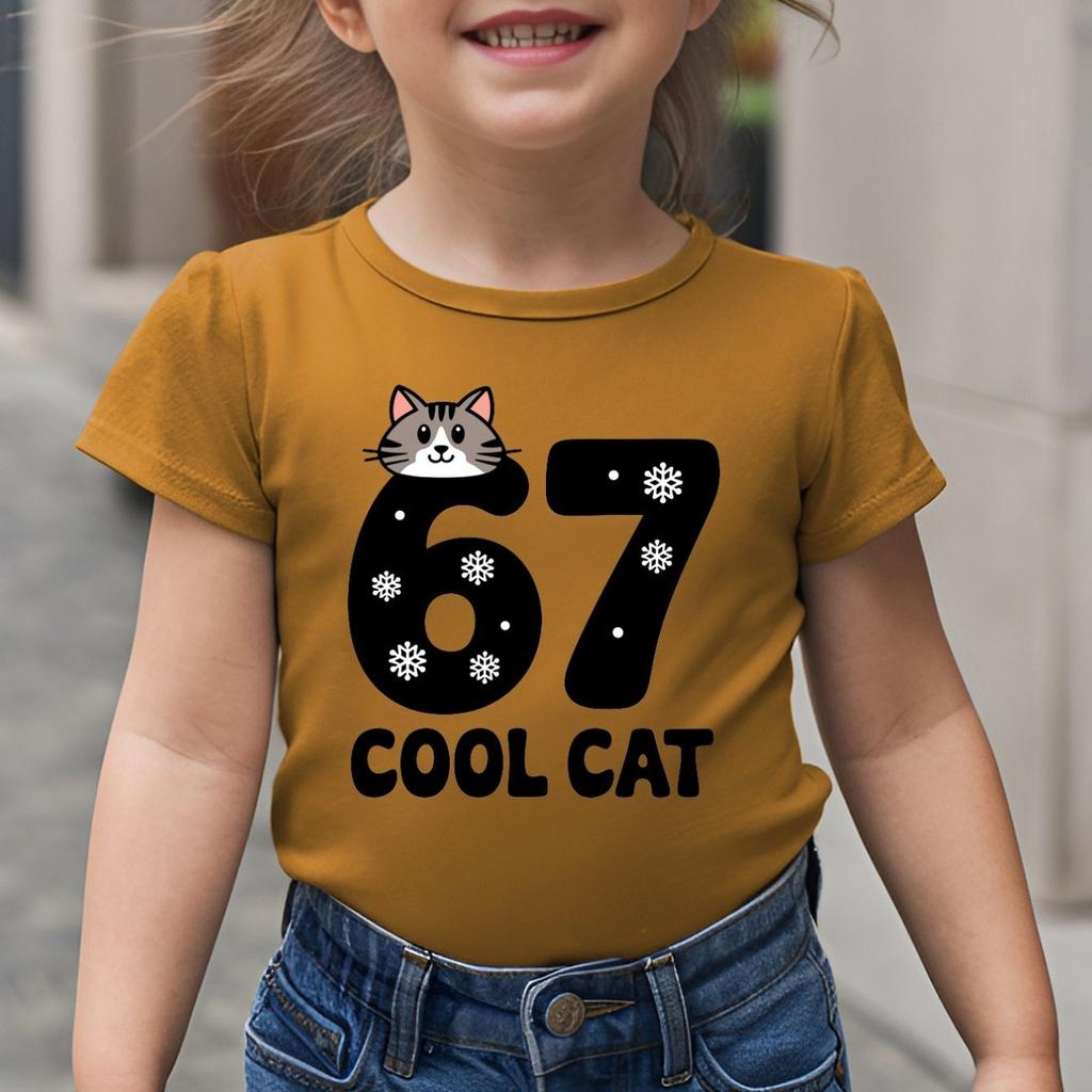 Children's Clothing Tops Cute Cool Cat Six Seven Snowflake Print Soft Comfort New Summer Daily Casual Fashion Wear for Girls