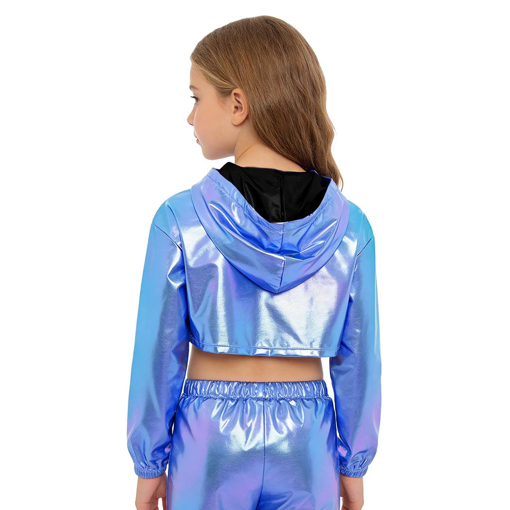 Худи для девочек в уличном стиле для танцев: Блестящий металлический укороченный топ с асимметричным подолом и длинными рукавами для соревнований