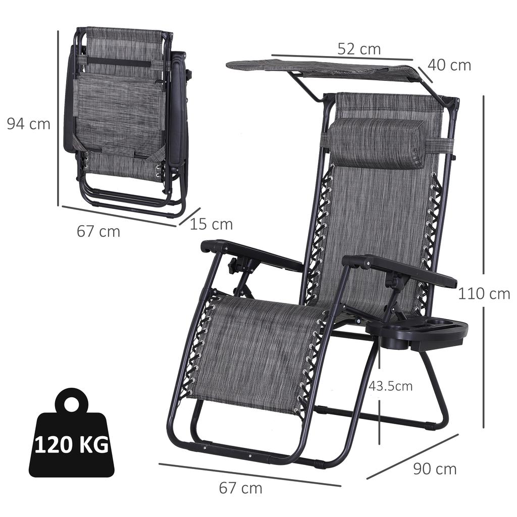 Foldable Reclining Garden Chair with Headrest, Zero Gravity Deck Sun Lounger Seat Chair with Footrest, Armrest, Cup Holder & Canopy Shade, Grey