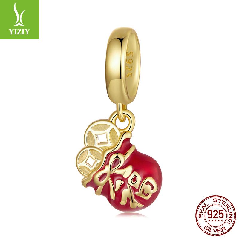 Lucky Bag Small Pendant Diy Bracelet Necklace Beaded Accessories 925 Silver Plated Beads New Year'S Red Gift