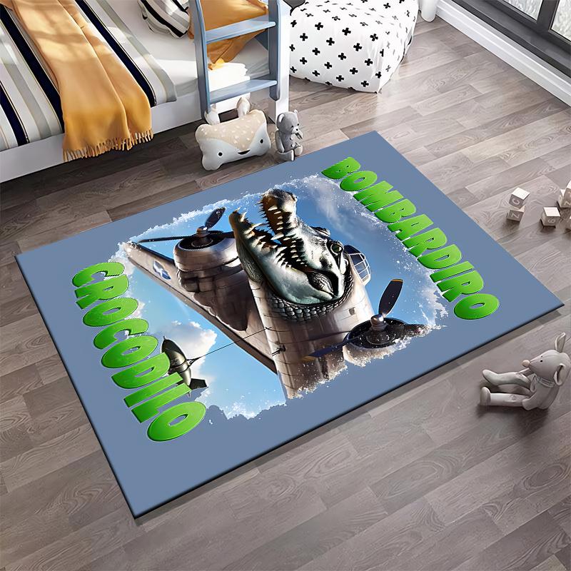 Airplane Crocodile Design Carpet with "Bombardiro Crocodilo" Text on Blue Background Suitable for use as an anti-slip1 for1room and bedroom sofas