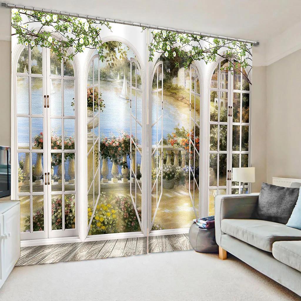 Лесные окна 3D Природа Пейзаж Пляж Море Дерево Зеленые шторы Оконные шторы для гостиной Спальня Кухня 2 шт Декор