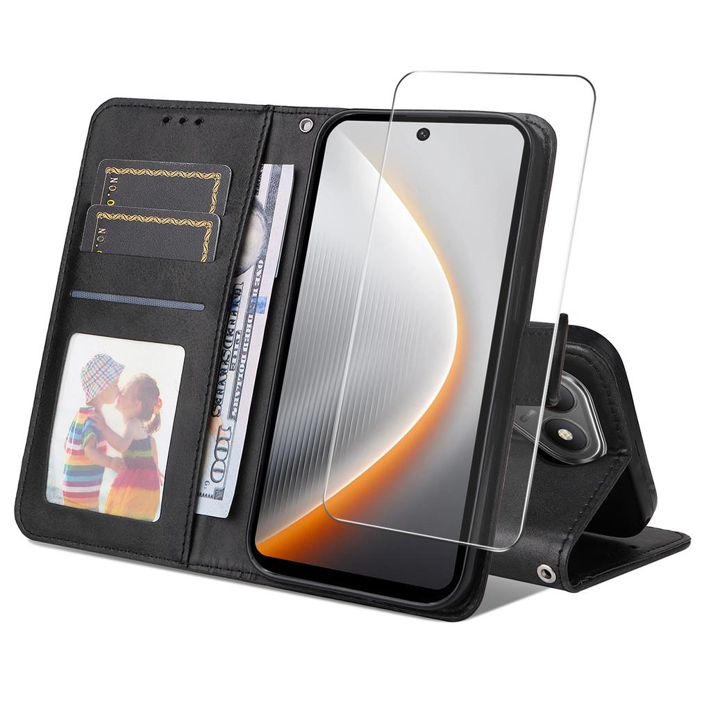 For TECNO Pova 7 4G PU Leather Wallet Case Phone Stand Cover with Tempered Glass