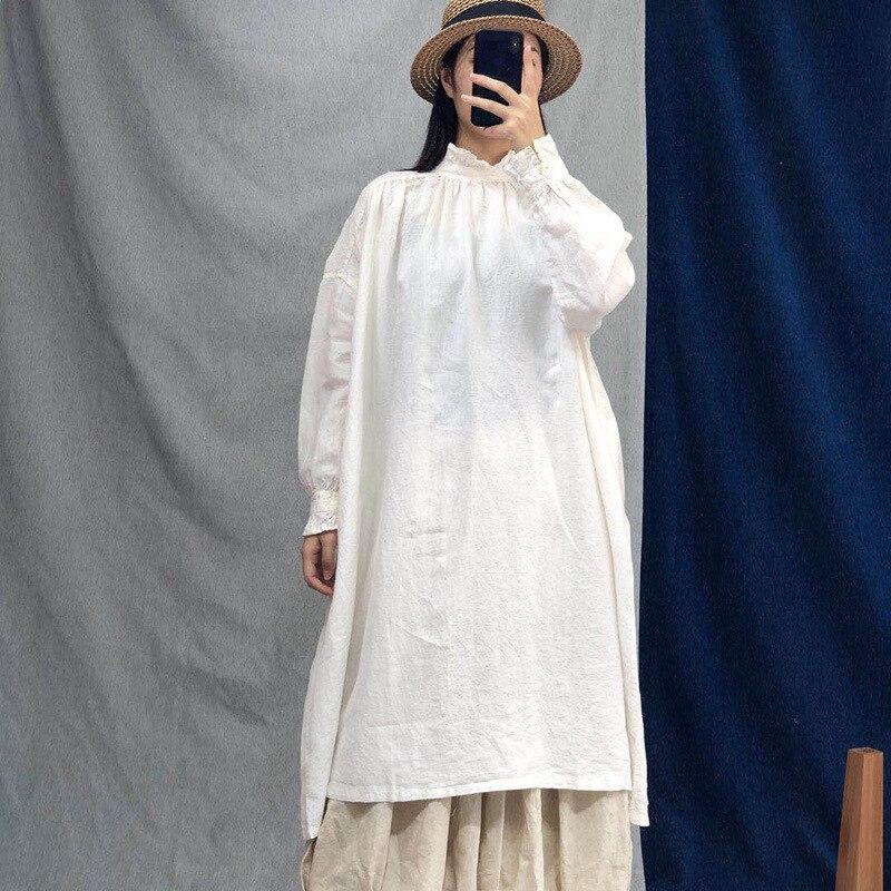 Johnature Осенние винтажные льняные халаты, женские повседневные однотонные свободные платья с оборками и воротником, женское платье с длинными рукавами