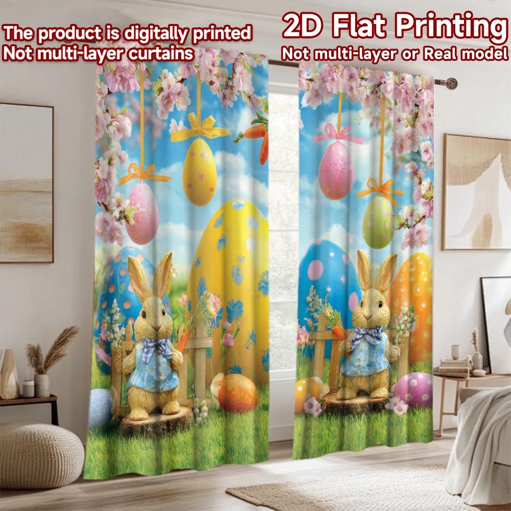 2D flat printing 2pcs Scene Curtain Easter Bunny Eggs Spring Garden Digital Printed Polyester Drapes Party Decorations Use for