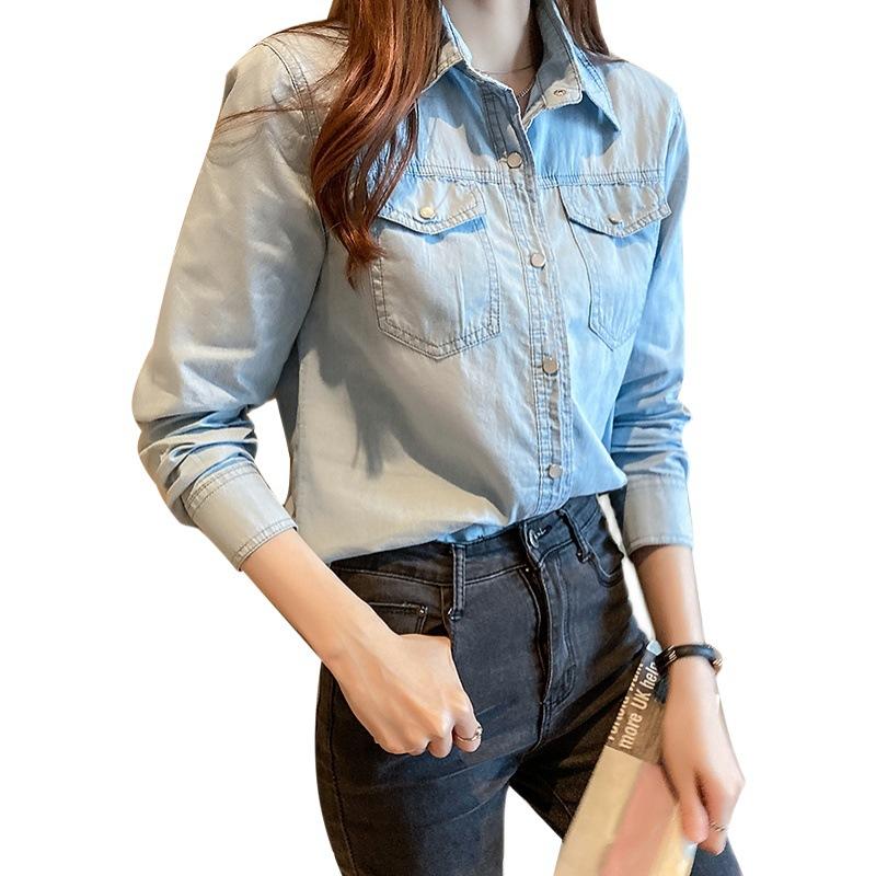 Spring and Autumn Women's Denim Shirt POLO Collar Long Sleeve Slim Fashion Denim Tops