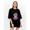 Oversized T Shirt Black Cat Print With Monchhichi Halo Text Casual Streetwear For Women