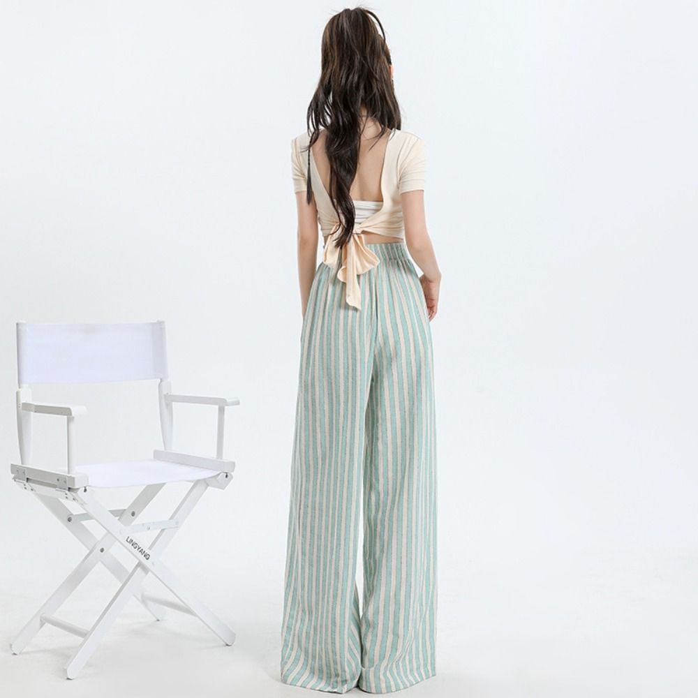 High Waist Wide Leg Pants Chic Straight Leg Pants Fashion Casual Stripe Long Pants Girls