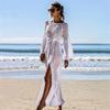 Sexy Hollow Out Solid White Tunic Beach Dress Women Summer Beachwear Flare Party Dress