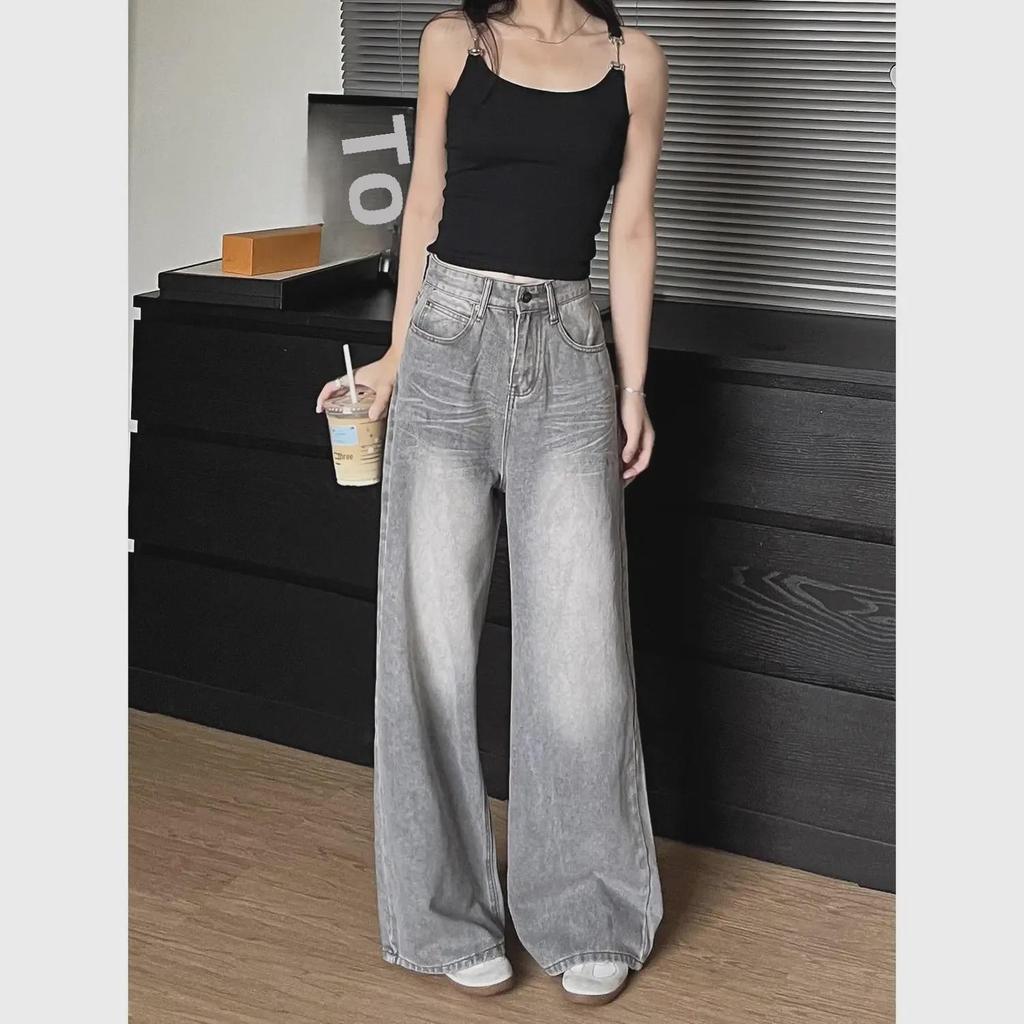 Женские серые джинсы с высокой талией и широкими штанинами 2024 года — новые свободные прямые брюки в стиле ретро-весны