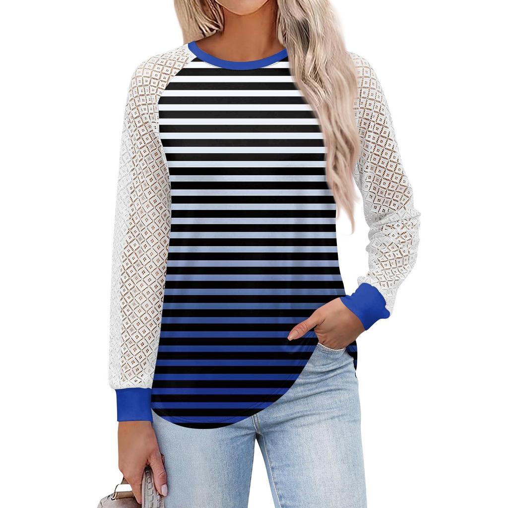 Женские футболки с длинным рукавом, топы с круглым вырезом и кружевом, повседневные блузки, модные топы