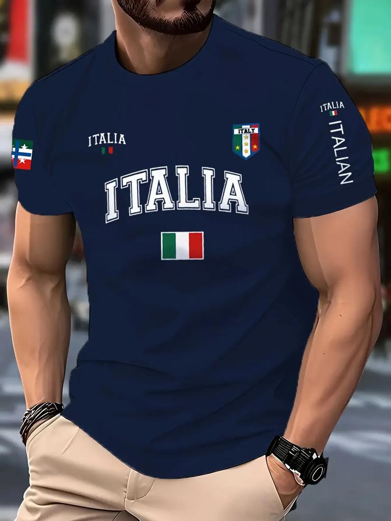 Men's Italian Flag T-shirt Italian-themed Streetwear Letter Print Business Outing Base Short-sleeved Top