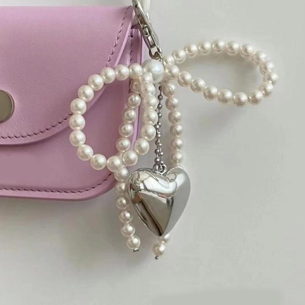 Pearls Beaded Phone Lanyard Bowknot Heart Pendant Keychain Stylish Phone Charm Keyring Bag Charm Accessory for Women