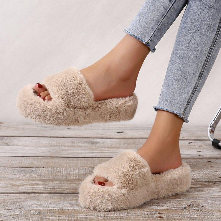 Меховые тапочки на толстой платформе, женские, осенние, толстые, пушистые, уличные тапочки, женские, больших размеров