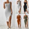Women Dress Square Solid Color Split Skinny Elastic Side Neck Sleeveless Sheath Thread OL Commute