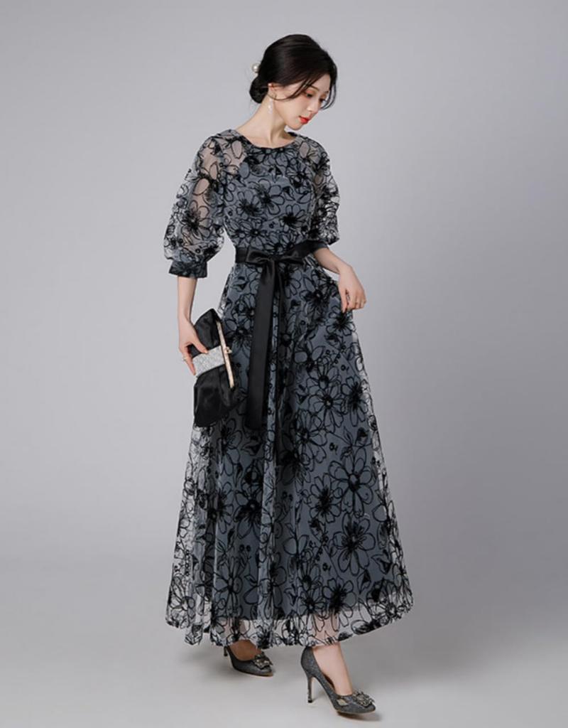 MATSUMIZUYU Платье женское с цветочным принтом, идеально для вечеринки и по размеру, на подкладке, А-силуэта, длинное, элегантное, формальное, с высокой талией, рукава 3/4, с лентой,