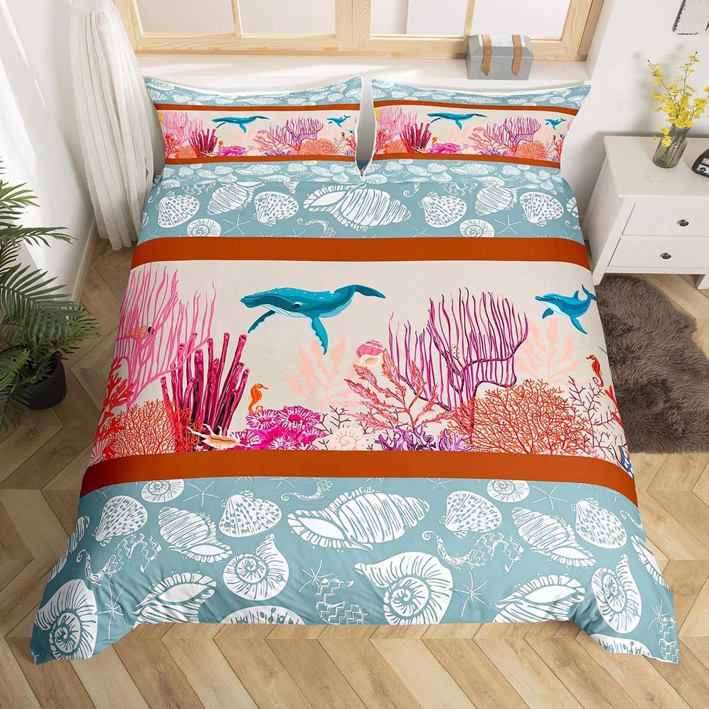 Cat Duvet Cover Set Watercolor Whale Fishing Bedding Set Ocean Sea Wave Comforter Cover Marine Nautical Themed Bedspread Cover