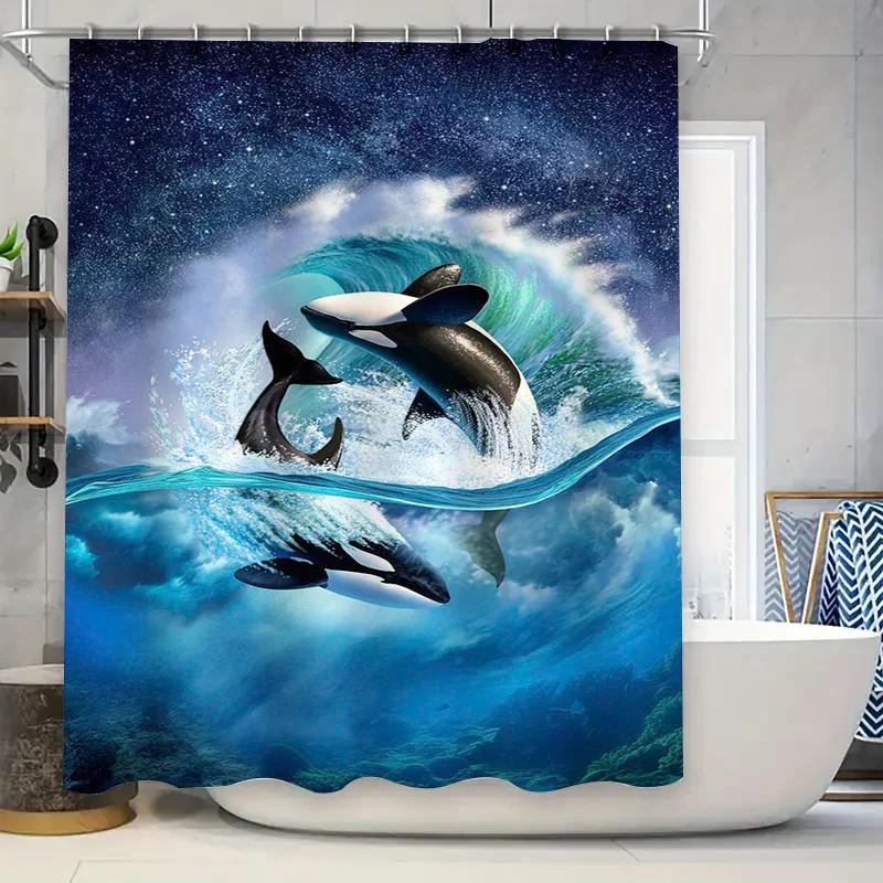 3D-печатная шторка для душа Водонепроницаемый Декор для ванной Синий кит Печать с волнами Океан Домашний декор Шторки для душа в ванную