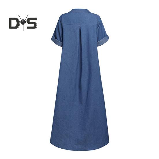 Fall Spring Lady Dress V Neck Loose Short Sleeves with Cufflink Split Hem Plus Size Dress Solid Color Buttons Pullover A-line Daily Wear Beach Maxi