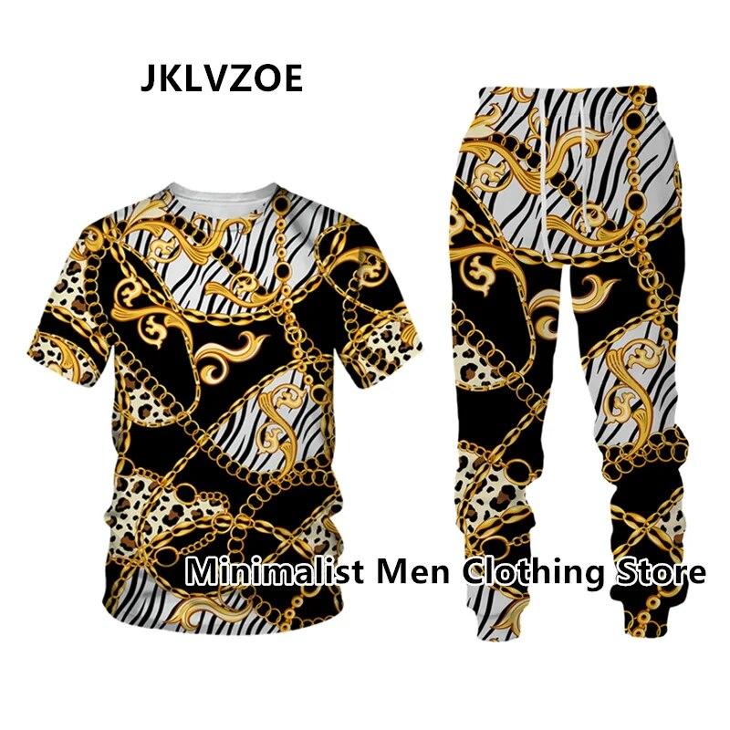 Мужской спортивный костюм, элитный бренд, футболка с коротким рукавом + длинные брюки, комплект из 2 предметов с золотистым 3D принтом, спортивная одежда для бега, повседневная уличная одежда