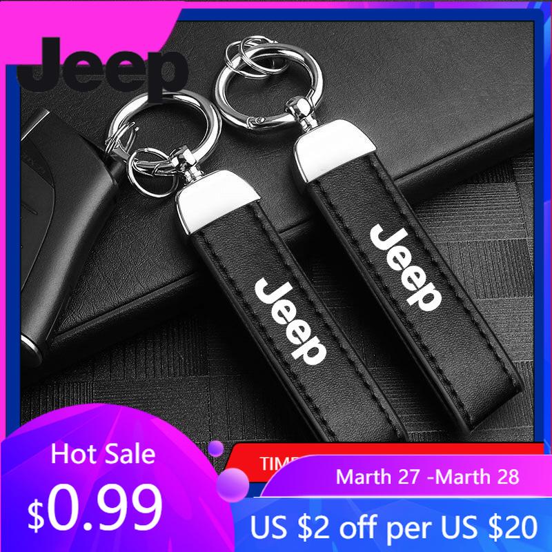 For Jeep Car Key Ring Cowhide Leather Keychain Waist Pendant Carabiner For Jeep Grand Cherokee Wrangler JK Gladiator Compass